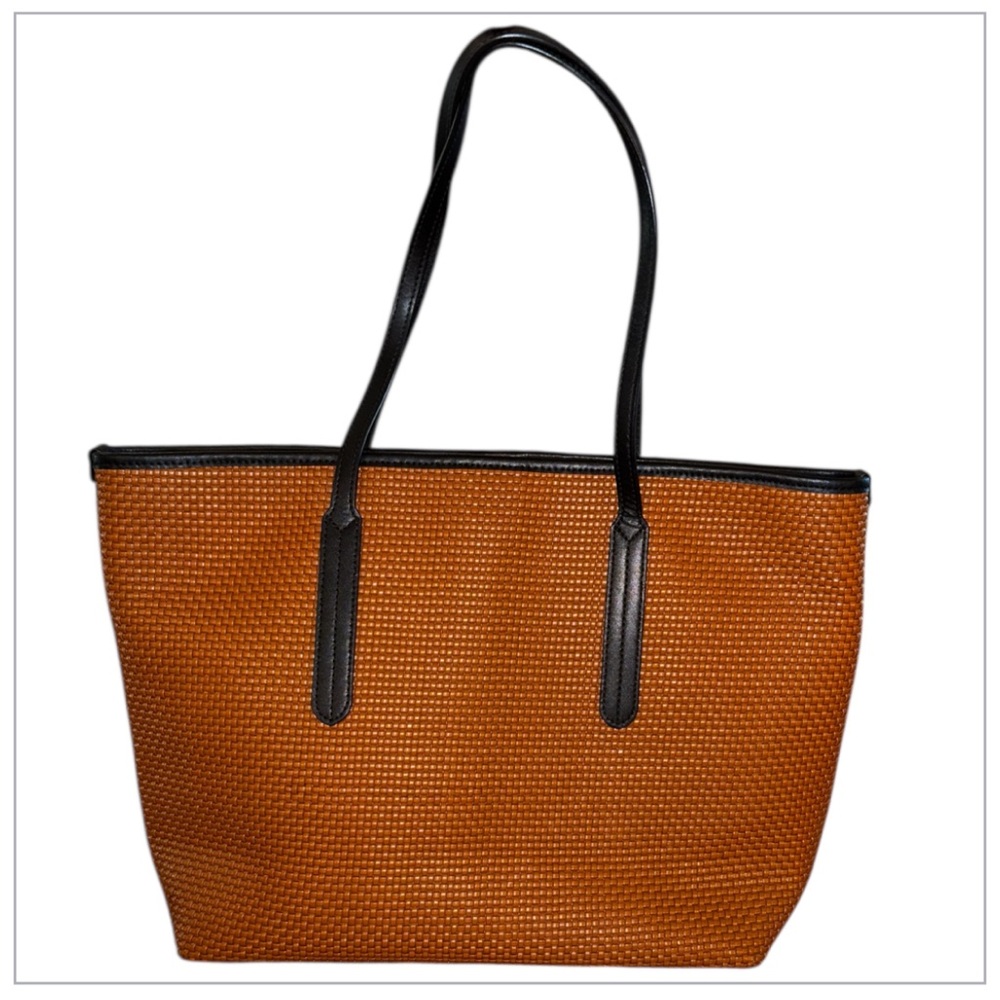 RARE! FURLA Luxury Large Ariana Woven Tote Bag Brown PVC Black Leather - Picture 4 of 10